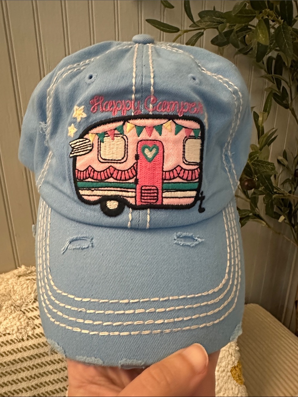 🏕️Happy Camper Embroidered Light Blue Baseball Cap🏕️